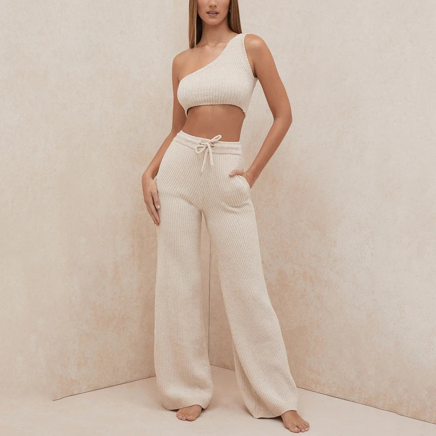 Women Custom Knit Crop Sweater Vest Set One Shoulder Crop Top Chenille Flare Trousers Womens 2 Piece Loungewear Lounge Wear Sets