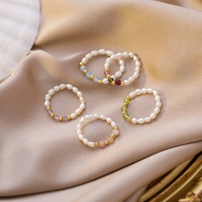 2025 Pearl Ring Jewelry Natural Freshwater Pearl Crystal Waterproof Stainless Steel Beads Ring Fashion Jewelry for Women Girls