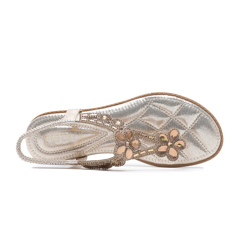 Women's Summer T-Strap Flat Sandals Bling Fashion Trend Outdoor Beach Sandals