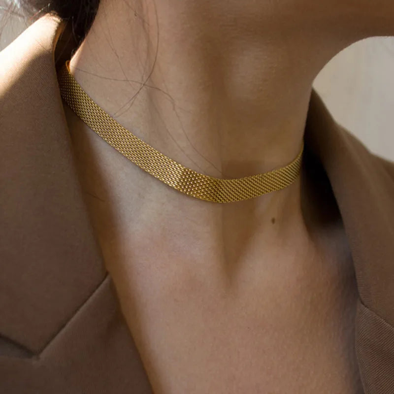 Fashion Gold Plated Non Tarnish Jewelry Watch Band Choker Necklace Stainless Steel Chunky Mesh Belt Choker Women Christmas Gift
