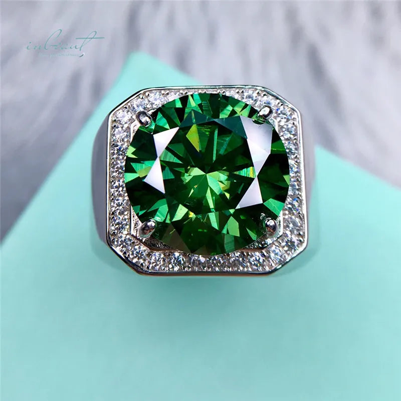 Classic Silver 925 Original 10 Carat Brilliant Cut Diamond Test Past Sparkling Green Moissanite Ring for Men Party Fine Jewelry