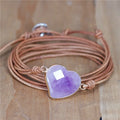 Chic Purple Faceted Amethyst Heart Charm Leather Wrap Bracelet for Women Vintage  Jewelry Friendship Gift Wholesale Dropshipping