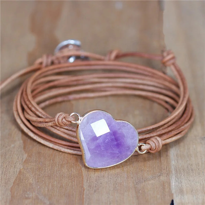 Chic Purple Faceted Amethyst Heart Charm Leather Wrap Bracelet for Women Vintage  Jewelry Friendship Gift Wholesale Dropshipping