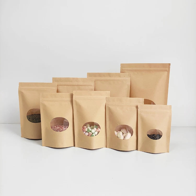 Recyclable Food Grade Stand up Ziplock Brown Kraft Paper Pouch Bags With Clear Oval Round Window