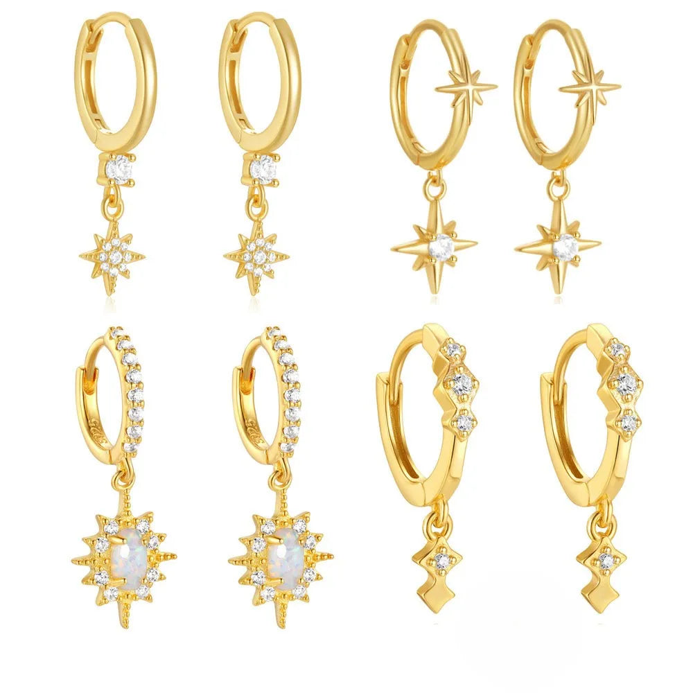 Hot Selling S925 Sterling Silver Star Opal Hoop Earrings Luxury Zircon Huggie Earrings for Women