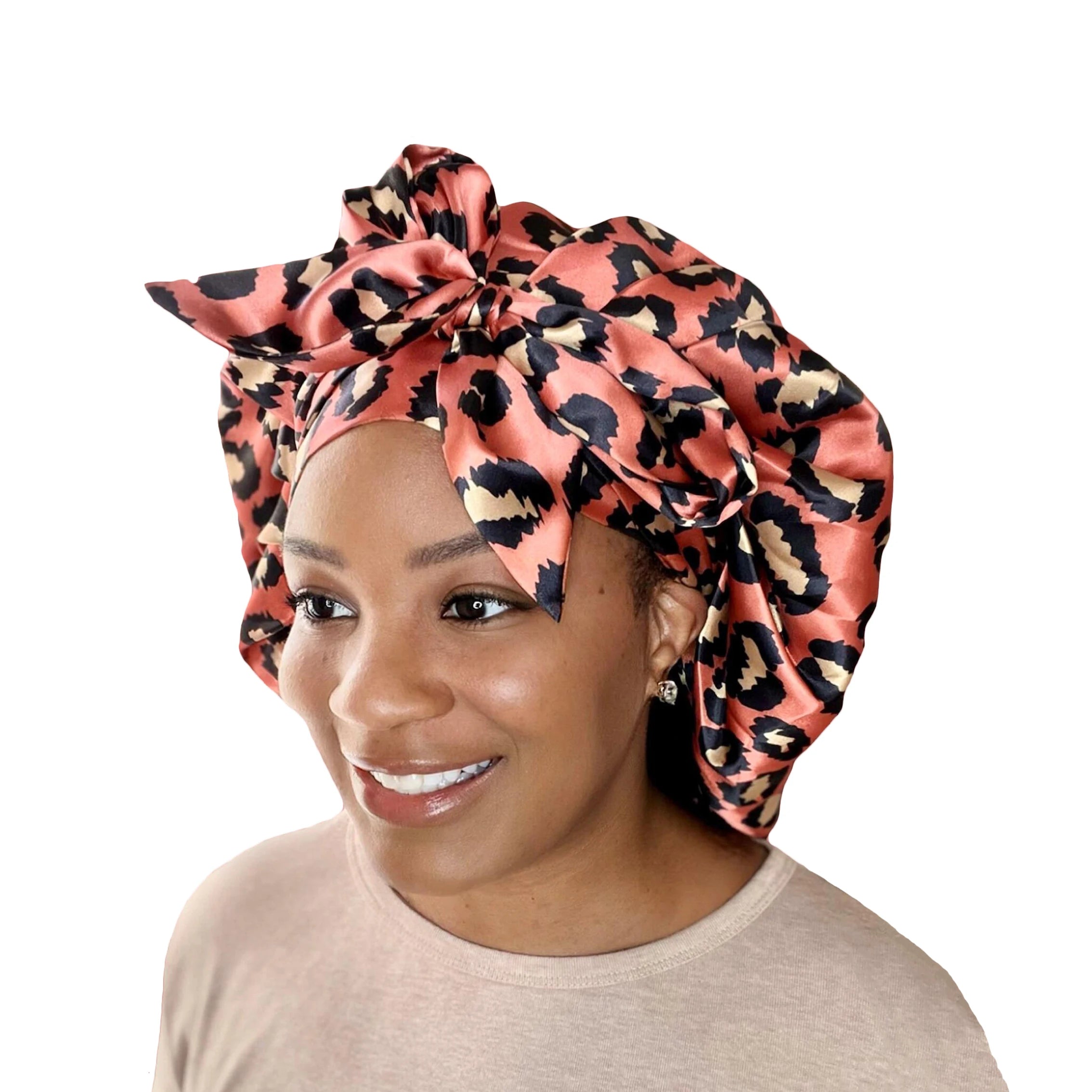 Long Tie Leopard Reversible Satin Bonnets Headband Bonnet for Women Custom Wide Band Double Layer Sleeping Bonnet with logo