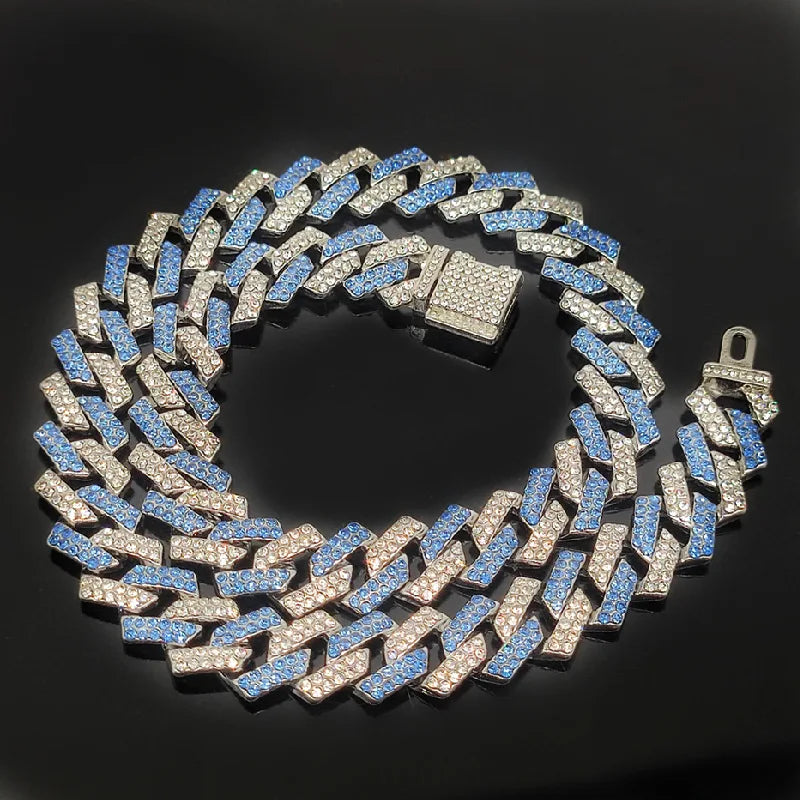 Hot Selling Jewelry 15mm Rhombus Prong Chain Cuban Necklace Bling pink Rhinestone Strip Miami Cuban Link Chain Necklace