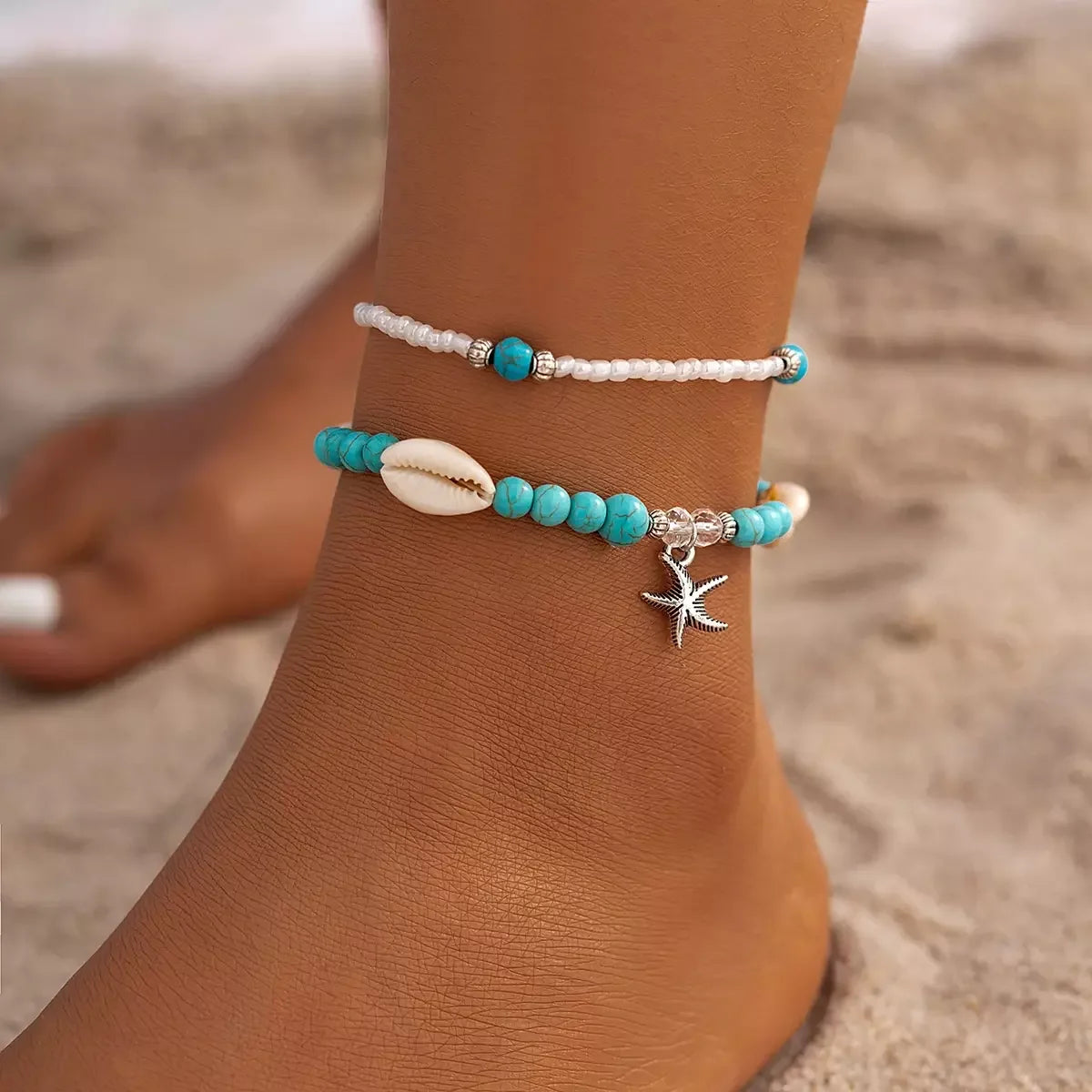 SHIXIN Vintage Shell Rice Beads Starfish Pendant Anklet Sets Women Boho Handmade Blue Stone Beaded Foot Chain Summer Beach