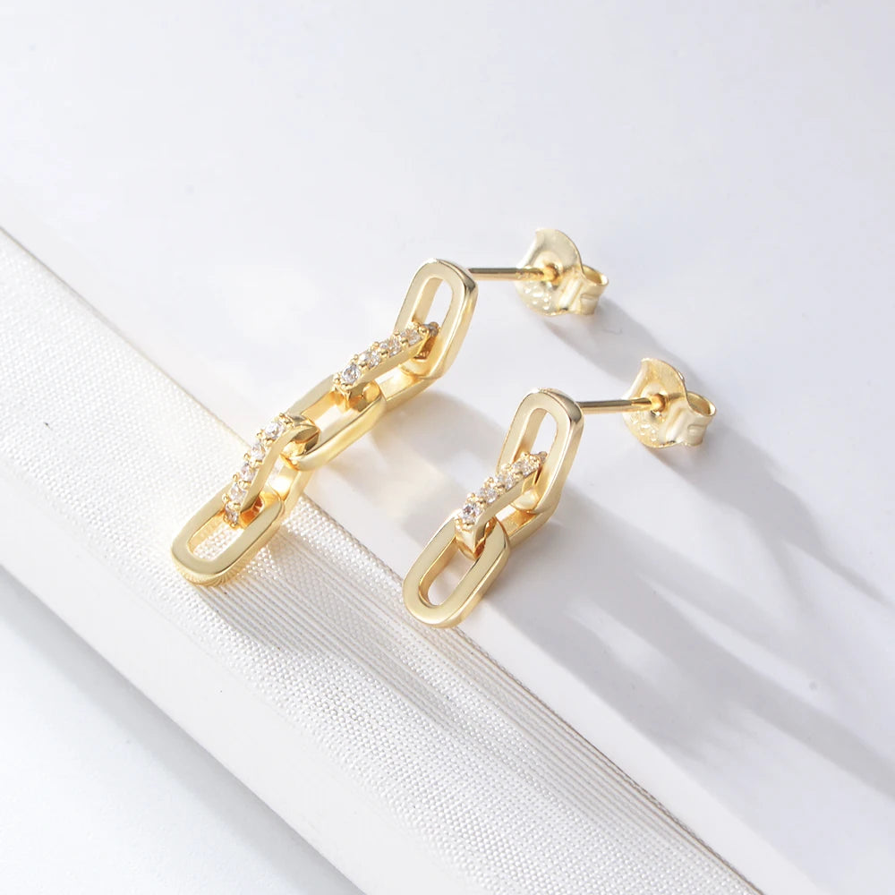 Peishang 925 Sterling Silver Gold Plated Square Chain Stud Earring Wholesale Women Zircon Party Jewelry