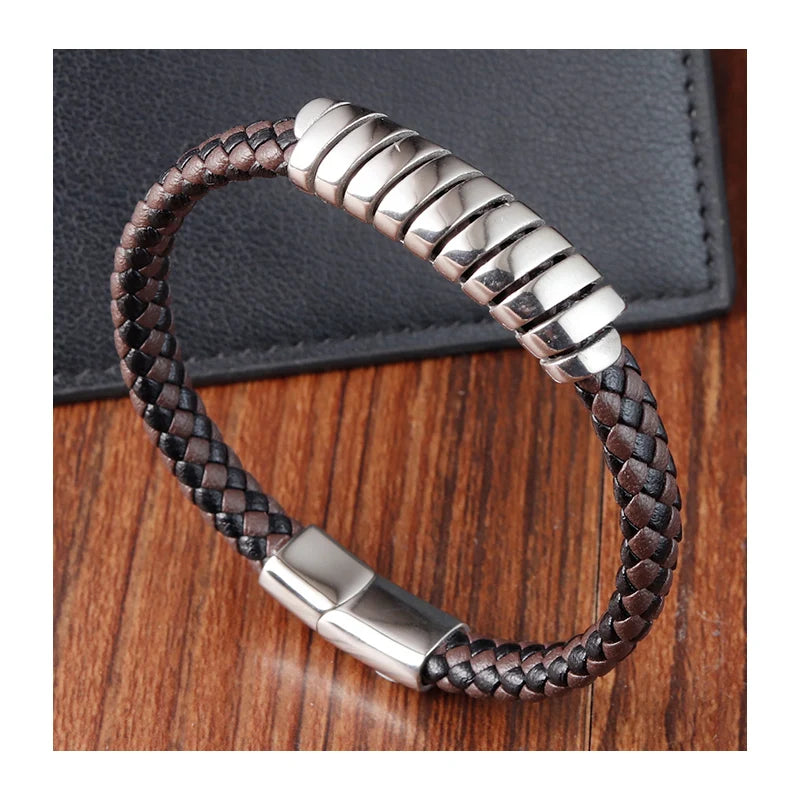 Fashion Jewelry Men Black Brown Leather Bracelet Braided Leather Cuff Bracelet With Stainless Steel Magnetic Clasp OT-271