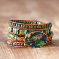 Handmade Green Bead Wrap Bracelet Bohemian Leather Bead Bracelet with Natural Stone Pendant Center Classic Jewelry Dropshipping