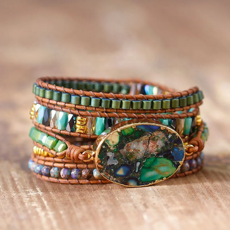 Handmade Green Bead Wrap Bracelet Bohemian Leather Bead Bracelet with Natural Stone Pendant Center Classic Jewelry Dropshipping