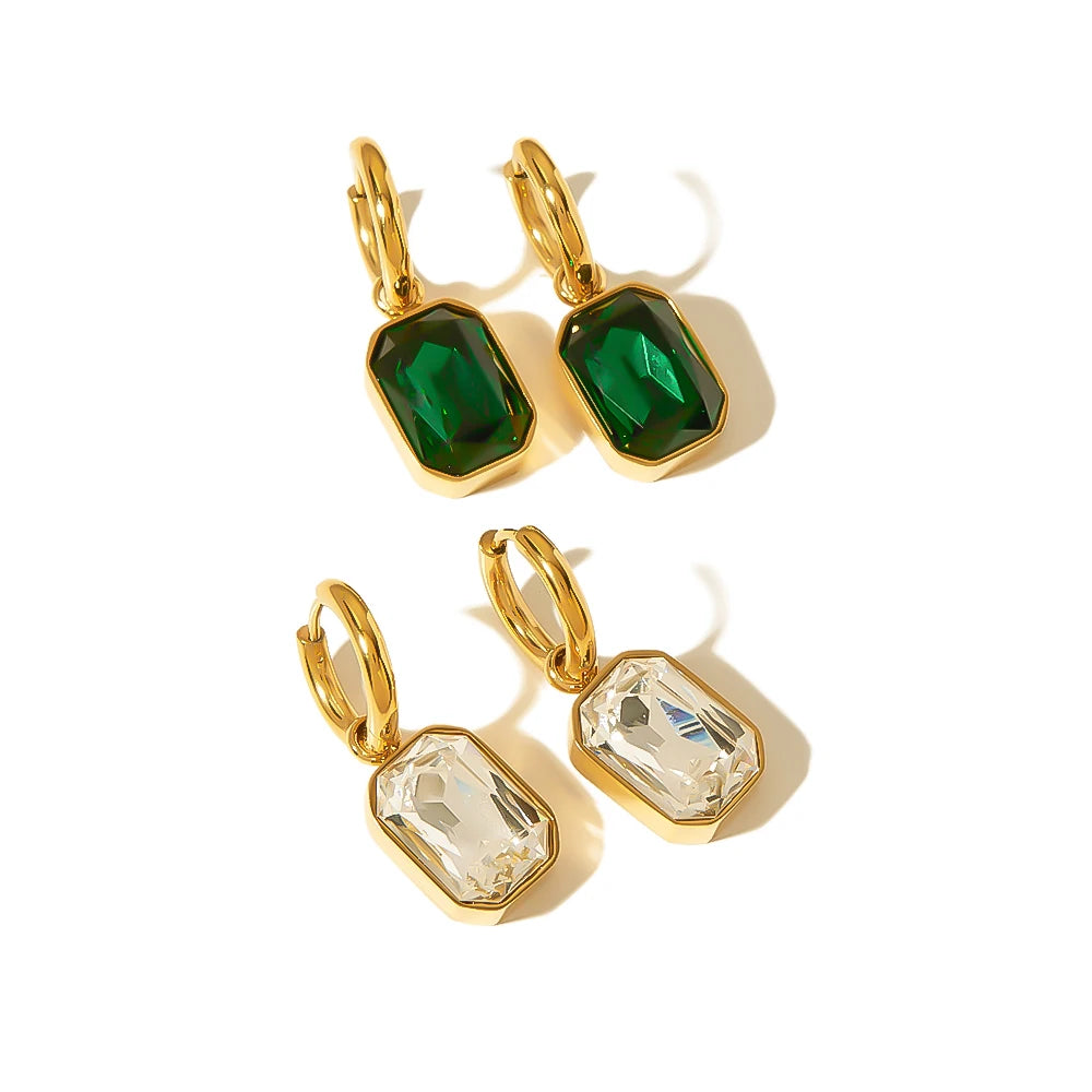 Vintage 18K Gold Stainless Steel Hoop Earrings with Elegant Emerald Green CZ Pendant Trendy Geometric Style for Weddings