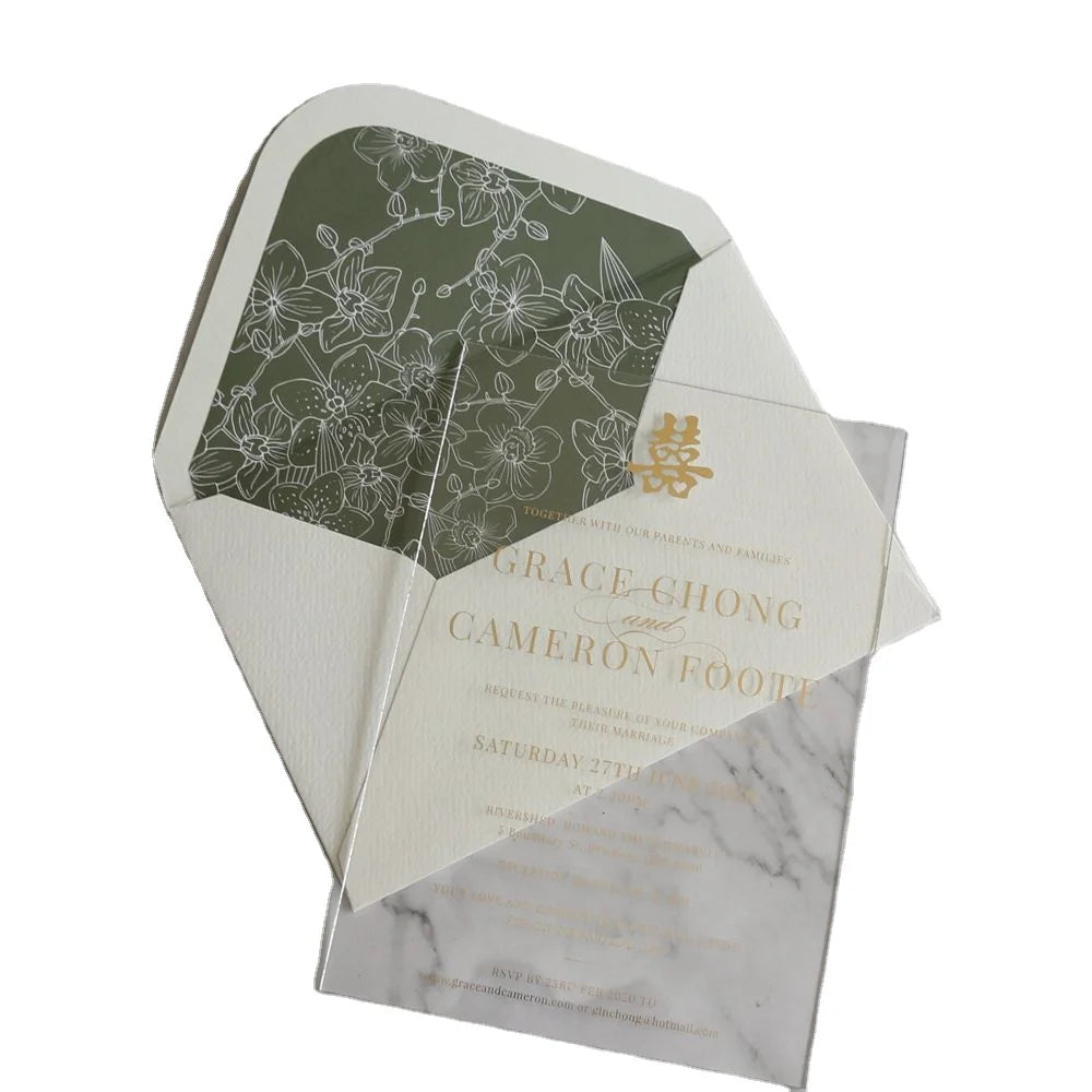 Clear Acrylic Invitation Gold Foil "Xi" Chinese Character with Liner Envelope