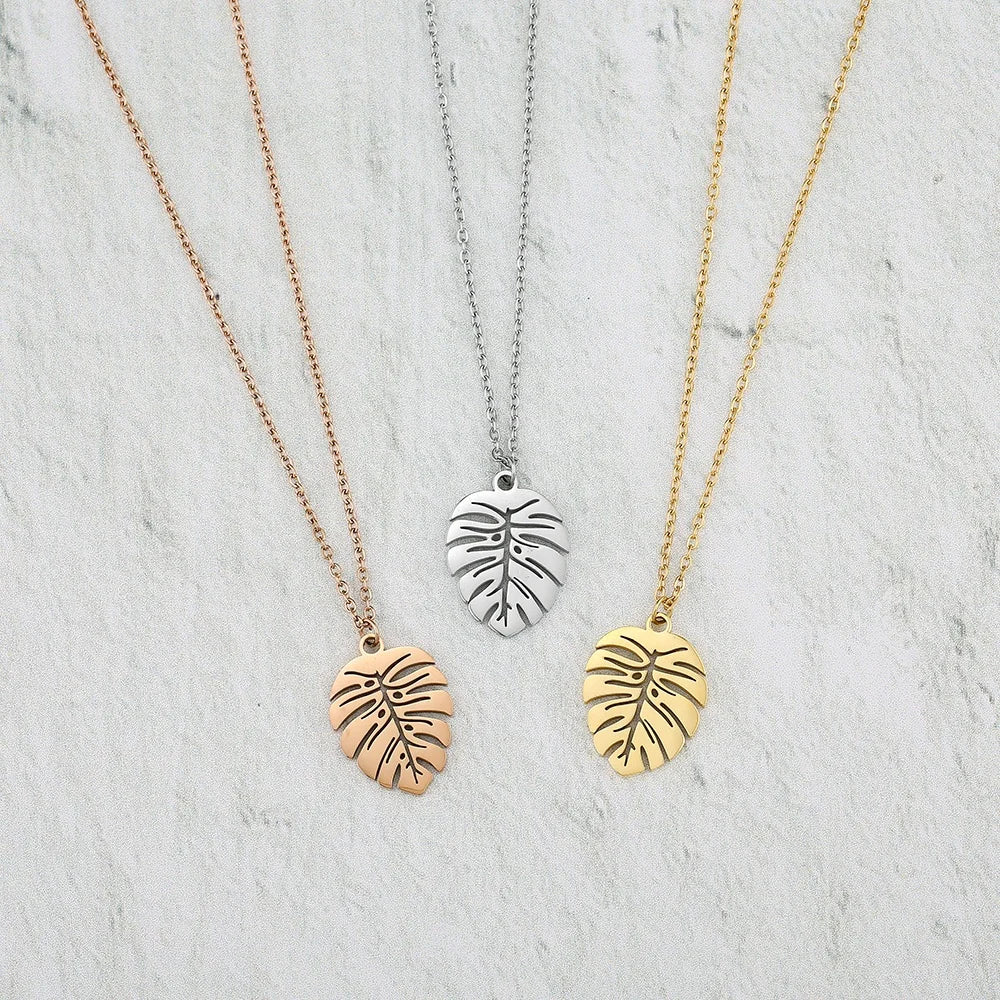 Newest Classic Style Stainless Steel Necklace Gold Plated Philodendron Leaf Frond Pendant Link Chain Gift Fashion Jewelry