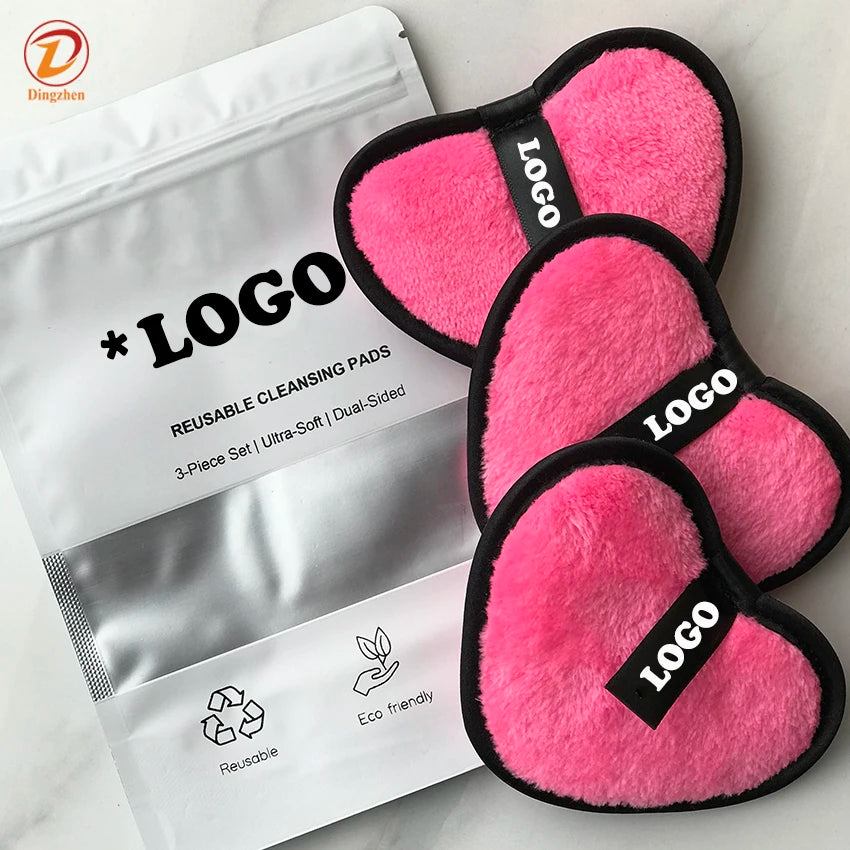 Private Brand Packaging 3PCS/set Colorful Heart Shape Microfiber Velvet Reusable Makeup Remover Pads with Customized LOGO