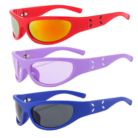 Chic Y2K Steampunk Alien Wraparound Sun Glasses Sports Shades with Clear PC Orange Frame Available Blue White Red Purple Colors