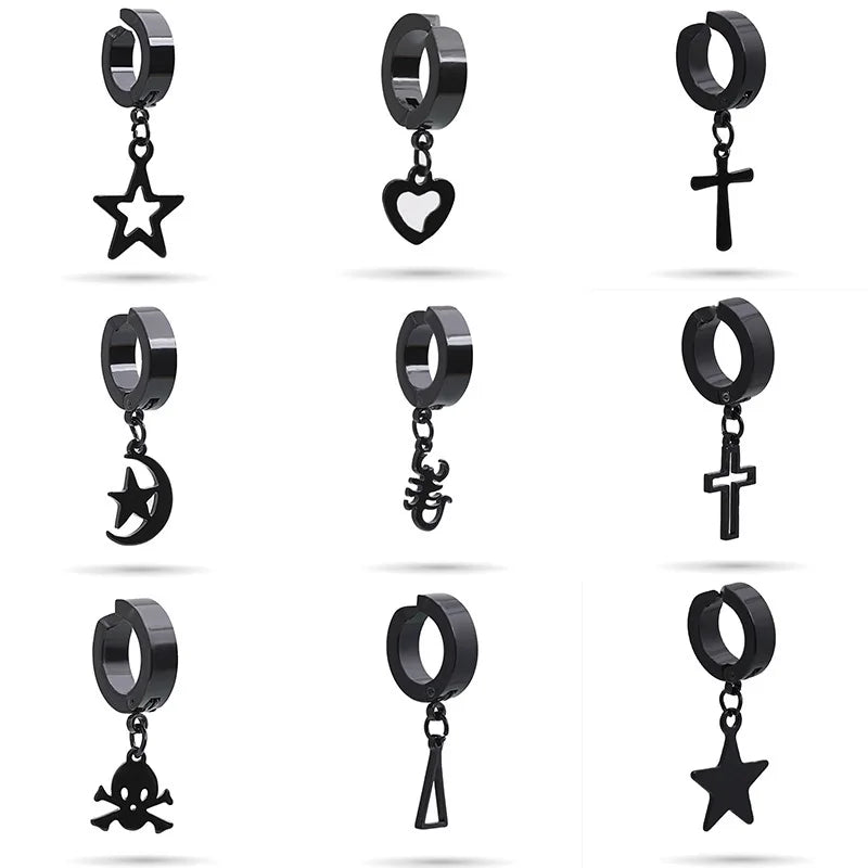 Stainless Steel Clip on Ear Cuff Hoops with Charm Dangles Star Cross Heart Earrings Unisex Men and Women Non-pierced Support