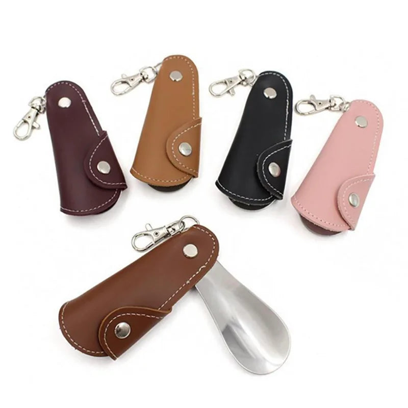 YY Stocked Foldable Shoe Horn PU Leather Shoehorn Keychain Leather Case Stainless Steel Shoe Lifter Anti-stoop Helper