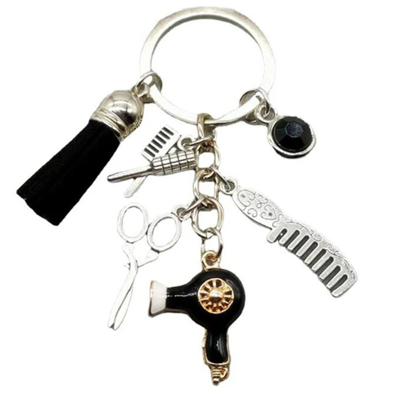 Tassel Mini Hairdressing Scissors Hair Dryer Comb Keyring Hair Stylist Gift Keychain