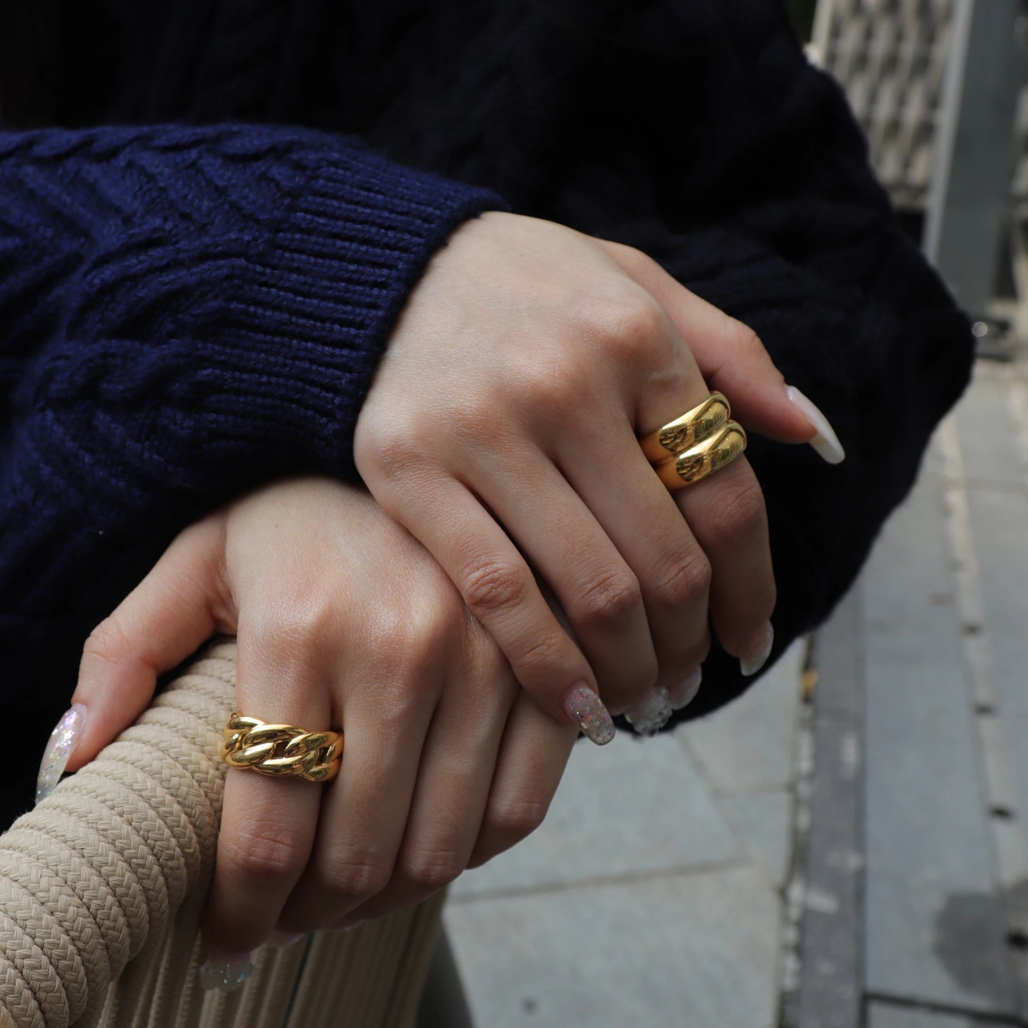 Chris April in Stock 316L Stainless Steel PVD Gold Plated Minimalist and Exaggerated Celi Style Double Thick Circle Arc Ring