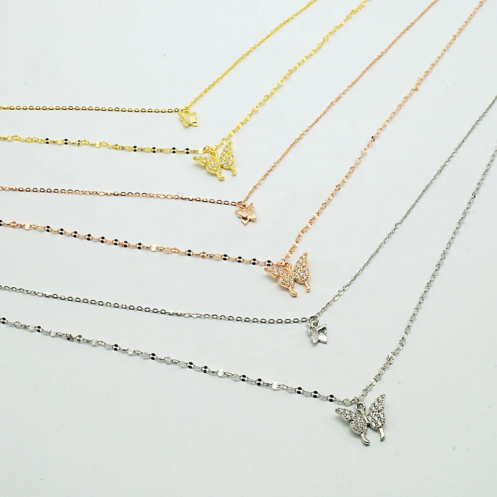 925 Sterling Silver New Design Double Layered Delicate Chain Jewelry butterfly Pendant Necklace for Women