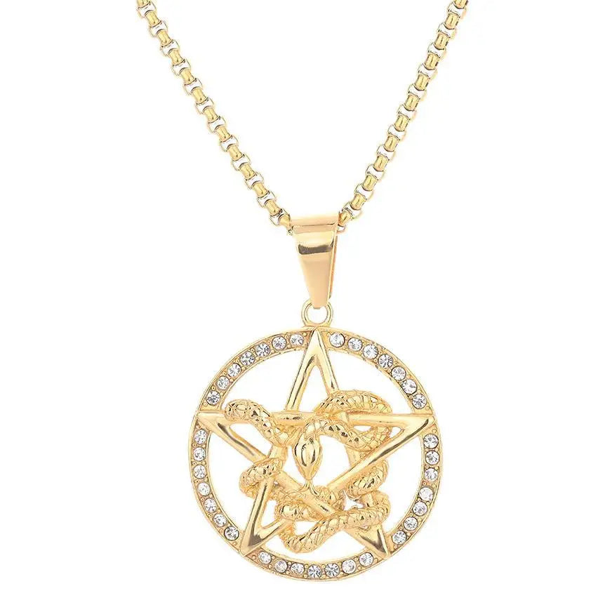 Pentacle Ring Necklace for Men Retro Stainless Steel with Crystal Fashionable and Simple Dominating Trendy Personal Style