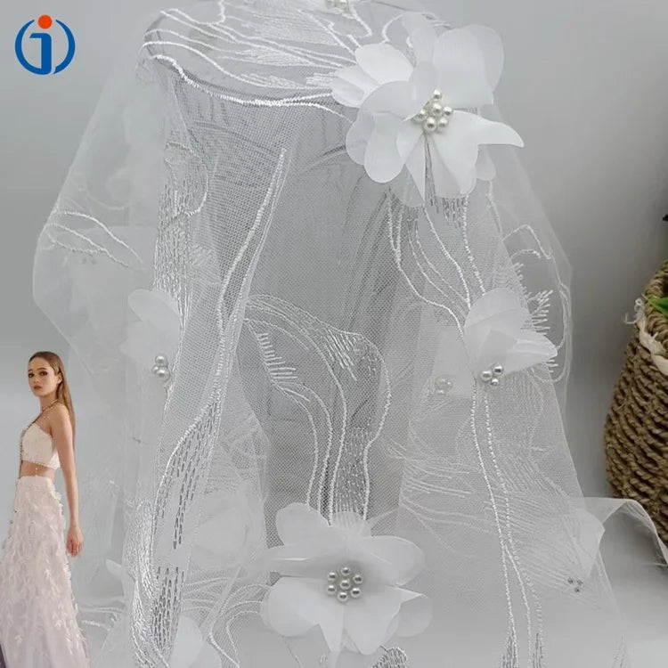 Fashion African 100% Polyester Yellow Multicolor 3D Flowers Lace Embroidery Tulle Mesh Fabric with Flowers Buds Pearls Beaded