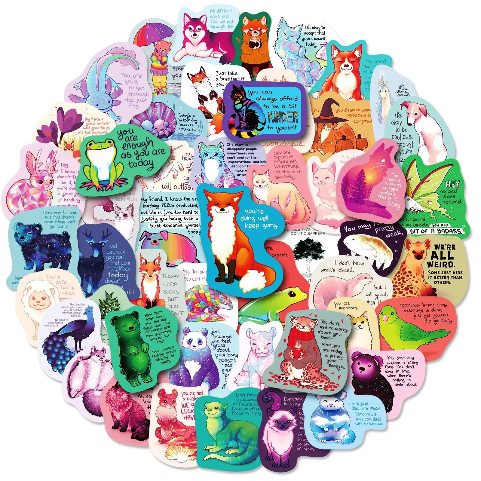 50Pcs Cute Animal Motivational Quote Graffiti Stickers for Gift Book Phone Vinyl Heart Healing Sticker
