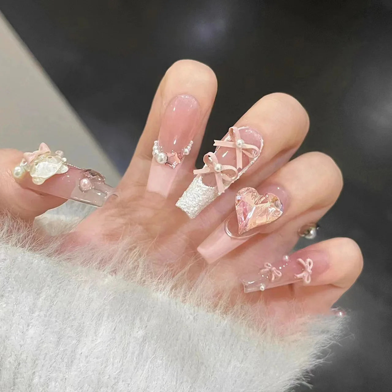 Handmade Bear Nail Plaster French Art Design High Touch Stiletto Round Press-On Acrylic Nails for Manicure & DIY Packaged
