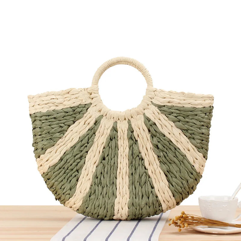 Colorful   Handle  Hand-woven Straw Beach  Shopping