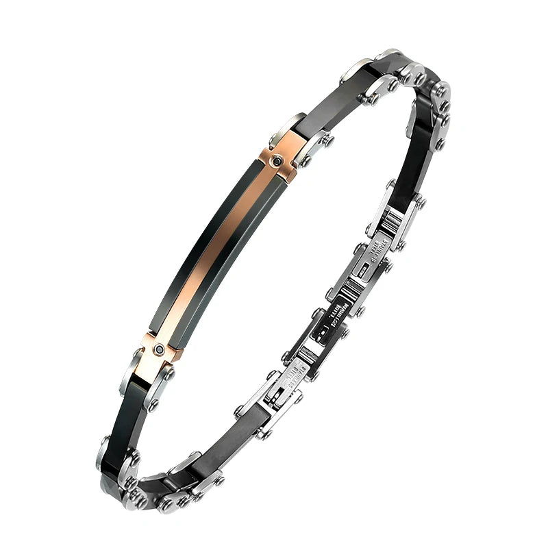 Custom LOGO Fashion PVD Rose Gold Plated Black Ceramic Stainless Steel Chain Link Bracelet Bangle Jewelry for Men Ready to Ship