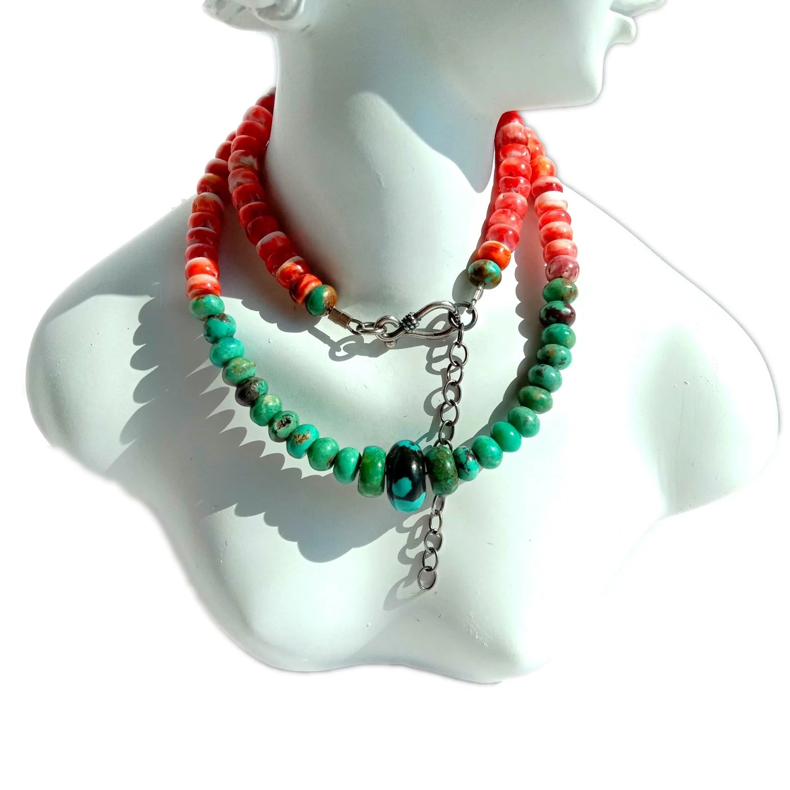 Natural Turquoise spiny oyster  925 Sterling Silver shell bead Roundell shape  Necklace