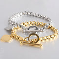 Fashion Gold Heart Charm T-Bar Bracelet Jewelry OT Clasp Bangles 18K Gold Plated Titanium Steel Box Chain Bracelet
