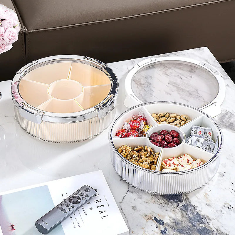 OWNSWING Round Divided Serving Tray With Lids 6-compartment Snackle Box Container BPA-Free Candy Nuts Snack Party Appetizer Tray