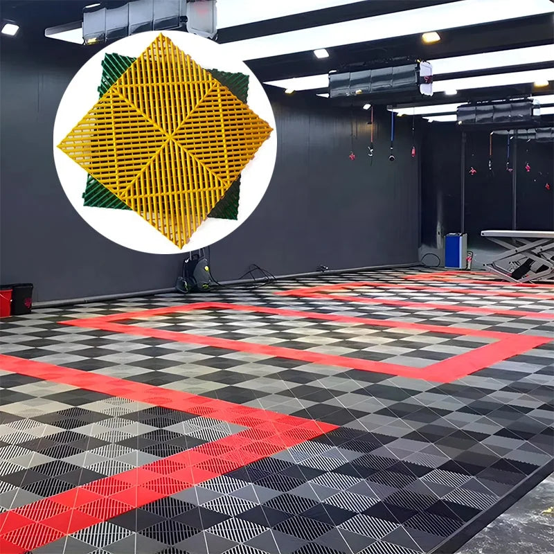 Modern Outdoor Interlocking Plastic Floor Tiles PP Material Removable Modular Garage Car Showroom Flooring Graphic Design