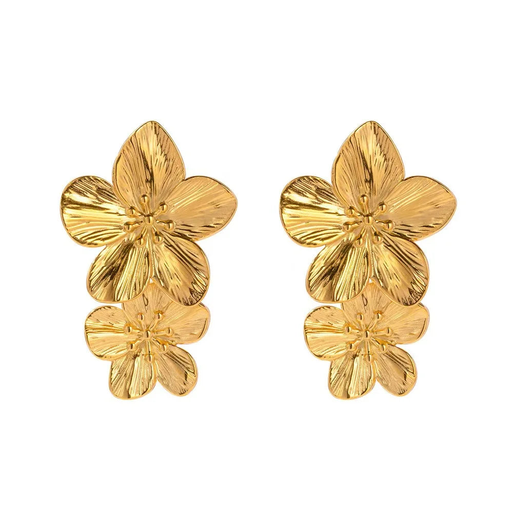 Vintage Waterproof 18K Gold Plated Jewelry Stainless Steel Elegant Double Big Flower Stud Earrings for Women YF3577