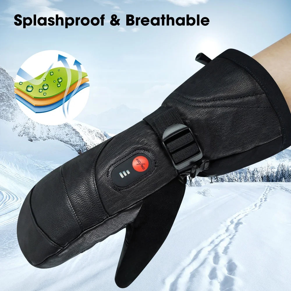 Waterproof Leather Touchscreen Adjustable Wrist Strap Winter Ski Mitten Gloves Electric Heating Breathable Features