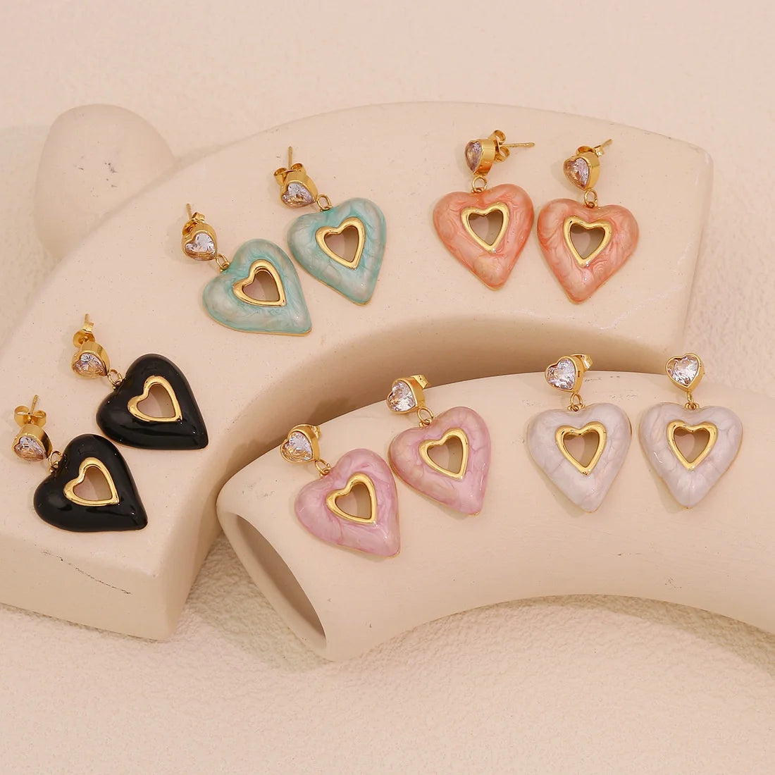 Women's Trendy Stainless Steel Earrings with Black Pink Enamel Heart Pendant New Color Drop Oil Hollow Love Earrings