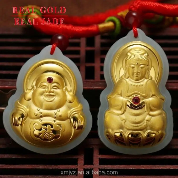 Certified 3D Gold Inlaid Jade Necklace 4D Hetian Jade Gem Laughing Guanyin Buddha Men And Women Pendant Jewelry