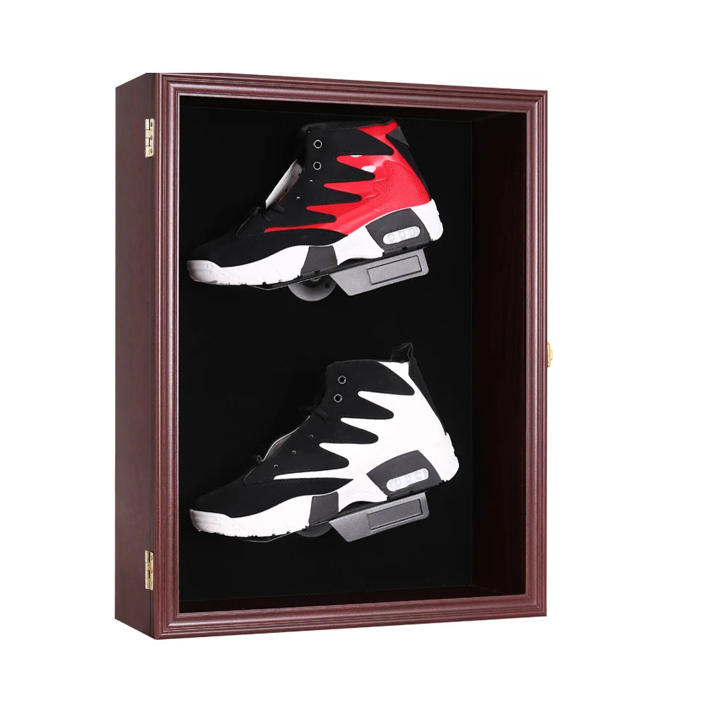 Custom Mahogany Shoe Display Box Wall Mount Cabinet Storage Sneaker Display Case Frame for Home Decor with Portrait Subject