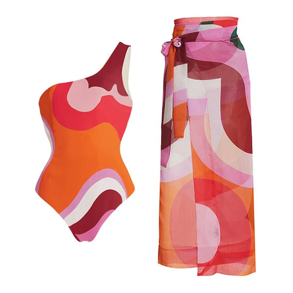 NEW STOCK One Shoulder Women Two Pieces Swimwear Print Bathing Suits and Sarong Set S-XL