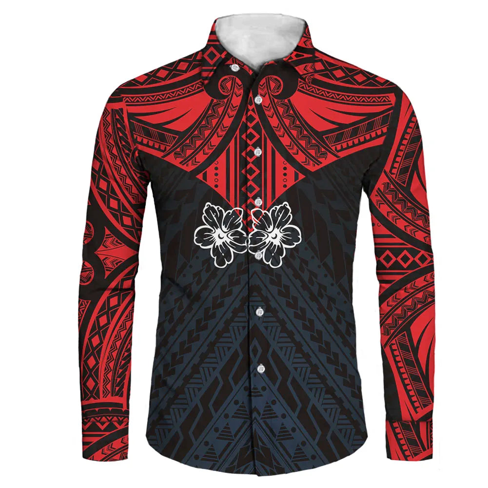 2025 Custom Logo Winter Men's Long Sleeve Polynesian Hawaii Breathable Polyester Poly Heat-Transfer Printed Casual Shirts Plus