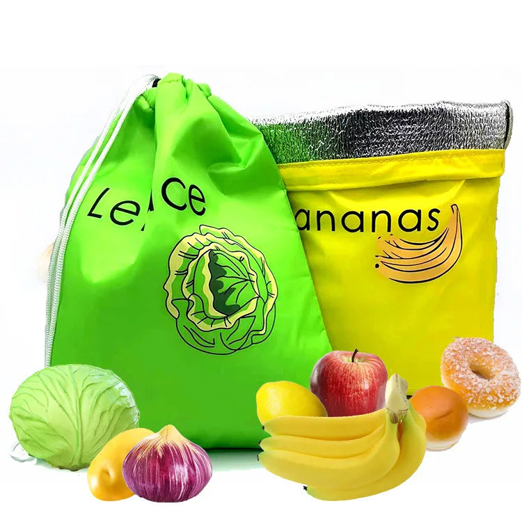 Custom Design Stop Food Waste Foil Inside Reusable Produce Bags Banana & Lettuce Drawstring Bag Fruit Vegetable Storage Bag