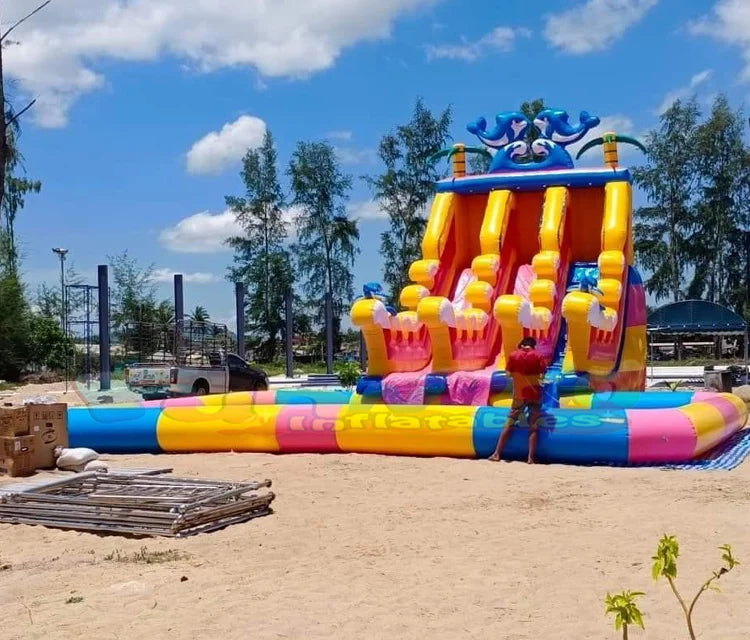 Commercial Pvc Waterslide Bouncy Castle Fun Jumper Bouncer Inflatable Giant Dual lane Water Slide with Pool