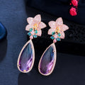 Micro Pave Pink Cubic Zirconia Flower Big Water Drop Rainbow Topaz Crystal Long Luxury Earring for Women Boho Jewelry