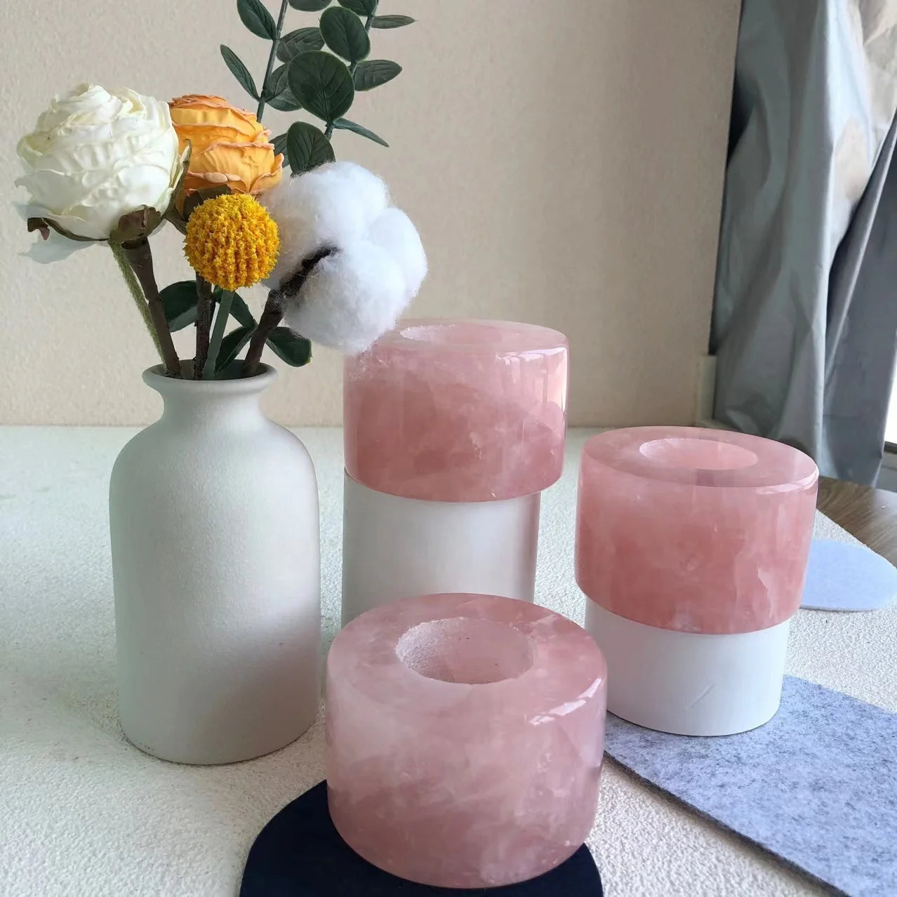 Spiritual Healing Products Crystal Stones Folk Crafts Rose Quartz Round Candle Holder