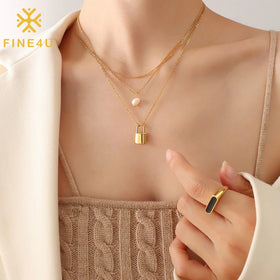 Natural Freshwater Pearl Jewelry Lock Pendant 18K Gold Plated Stainless Steel Multi Layer Necklace for Women