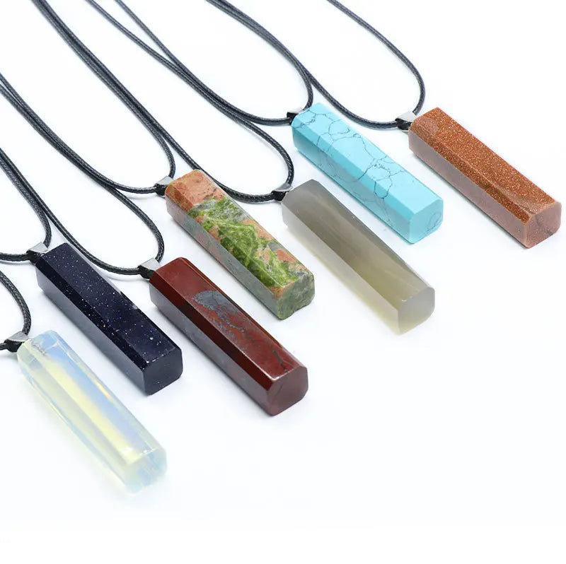 Natural Gemstone Cuboid Pendant Necklace 18Inc Black Cord Healing Chakra Women Men Rectangular Column Shape Quartz Crystal Point