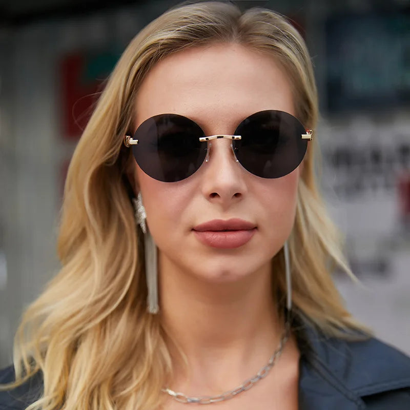 Luxury Unisex Frameless Round Rimless Sunglasses with Wood Grain Temples UV400 Protection Metal & PC Frame CE Certified